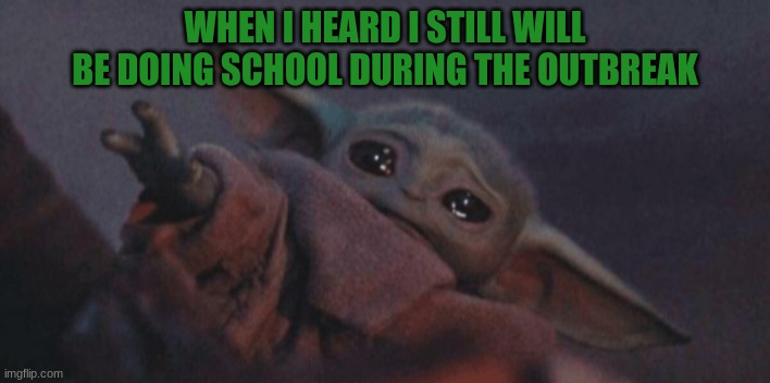 Baby yoda cry | WHEN I HEARD I STILL WILL BE DOING SCHOOL DURING THE OUTBREAK | image tagged in baby yoda cry | made w/ Imgflip meme maker
