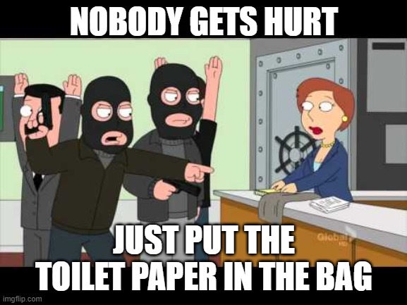 Toilet Paper Robbery | NOBODY GETS HURT; JUST PUT THE TOILET PAPER IN THE BAG | image tagged in memes | made w/ Imgflip meme maker