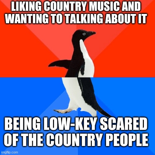 Socially Awesome Awkward Penguin | LIKING COUNTRY MUSIC AND WANTING TO TALKING ABOUT IT; BEING LOW-KEY SCARED OF THE COUNTRY PEOPLE | image tagged in memes,socially awesome awkward penguin,country music | made w/ Imgflip meme maker