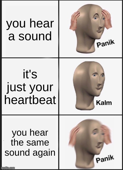 Panik Kalm Panik | you hear a sound; it's just your heartbeat; you hear the same sound again | image tagged in memes,panik kalm panik | made w/ Imgflip meme maker