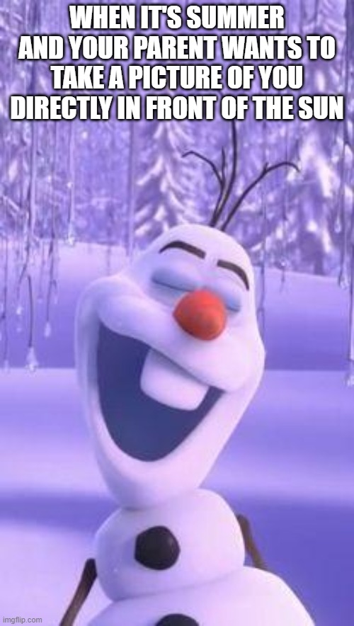 Frozen snowman gay | WHEN IT'S SUMMER AND YOUR PARENT WANTS TO TAKE A PICTURE OF YOU DIRECTLY IN FRONT OF THE SUN | image tagged in frozen snowman gay | made w/ Imgflip meme maker