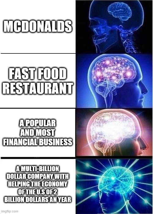 McDonalds | MCDONALDS; FAST FOOD RESTAURANT; A POPULAR AND MOST FINANCIAL BUSINESS; A MULTI-BILLION DOLLAR COMPANY WITH HELPING THE ECONOMY OF THE U.S OF 2 BILLION DOLLARS AN YEAR | image tagged in memes,expanding brain | made w/ Imgflip meme maker