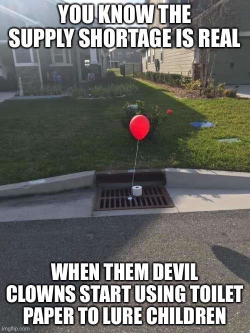 Coronavirus Toilet Paper Clown from It | YOU KNOW THE SUPPLY SHORTAGE IS REAL; WHEN THEM DEVIL CLOWNS START USING TOILET PAPER TO LURE CHILDREN | image tagged in it,coronavirus,toilet paper,covid-19,corona virus,memes | made w/ Imgflip meme maker