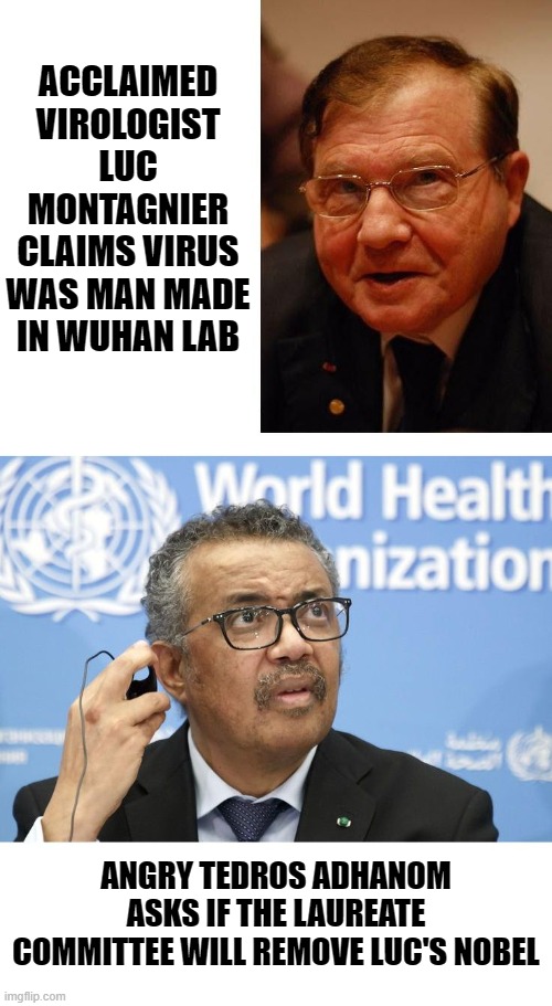 They have already labeled him as a quack. But is he? | ACCLAIMED VIROLOGIST LUC MONTAGNIER CLAIMS VIRUS WAS MAN MADE IN WUHAN LAB; ANGRY TEDROS ADHANOM ASKS IF THE LAUREATE COMMITTEE WILL REMOVE LUC'S NOBEL | image tagged in coronavirus | made w/ Imgflip meme maker