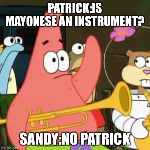 no patrick | PATRICK:IS MAYONESE AN INSTRUMENT? SANDY:NO PATRICK | image tagged in memes,no patrick | made w/ Imgflip meme maker