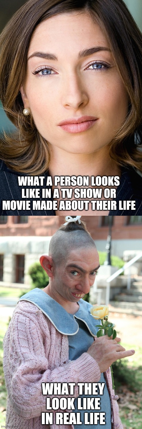 WHAT A PERSON LOOKS LIKE IN A TV SHOW OR MOVIE MADE ABOUT THEIR LIFE; WHAT THEY LOOK LIKE IN REAL LIFE | image tagged in american horror story,naomi grossman,expectation vs reality | made w/ Imgflip meme maker