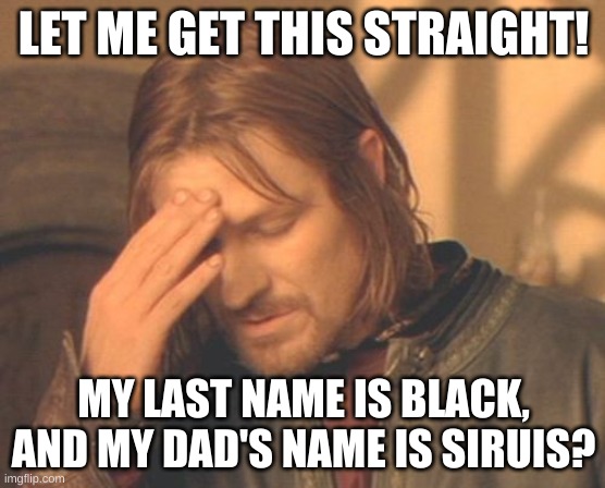 Frustrated Boromir Meme | LET ME GET THIS STRAIGHT! MY LAST NAME IS BLACK, AND MY DAD'S NAME IS SIRUIS? | image tagged in memes,frustrated boromir | made w/ Imgflip meme maker