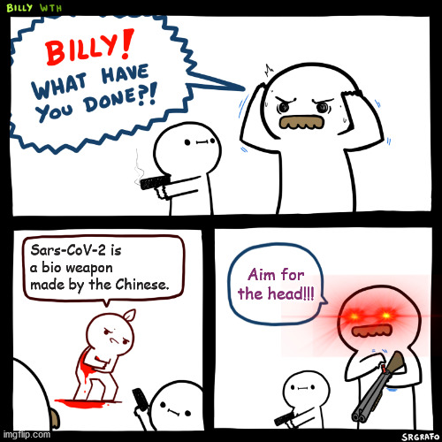 Billy, What Have You Done | Sars-CoV-2 is a bio weapon made by the Chinese. Aim for the head!!! | image tagged in billy what have you done | made w/ Imgflip meme maker
