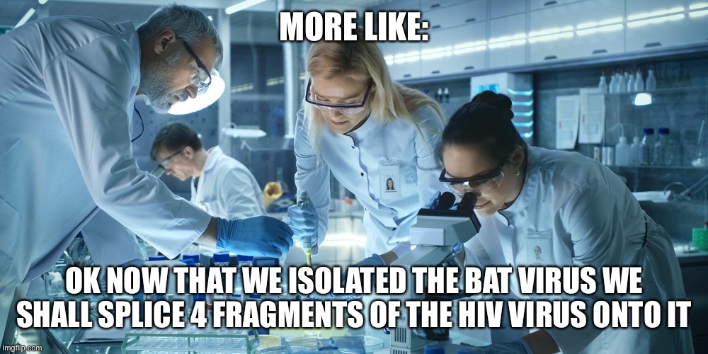 Laboratory Scientists | MORE LIKE: OK NOW THAT WE ISOLATED THE BAT VIRUS WE SHALL SPLICE 4 FRAGMENTS OF THE HIV VIRUS ONTO IT | image tagged in laboratory scientists | made w/ Imgflip meme maker