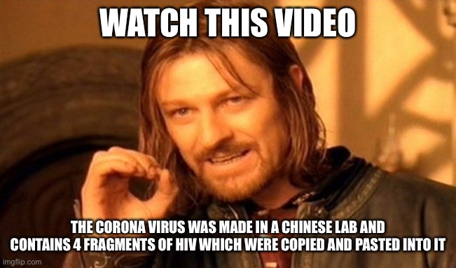 https://youtu.be/Le_rfTdayLs | WATCH THIS VIDEO; THE CORONA VIRUS WAS MADE IN A CHINESE LAB AND CONTAINS 4 FRAGMENTS OF HIV WHICH WERE COPIED AND PASTED INTO IT | image tagged in memes,one does not simply | made w/ Imgflip meme maker