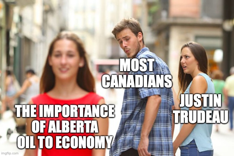 Trudeau's frustration | MOST CANADIANS; JUSTIN TRUDEAU; THE IMPORTANCE OF ALBERTA OIL TO ECONOMY | image tagged in memes,distracted boyfriend,justin trudeau,alberta,oil,economy | made w/ Imgflip meme maker