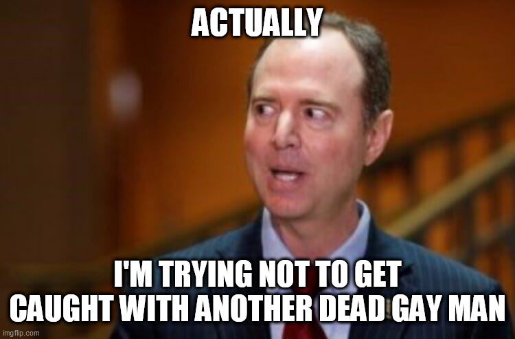 Adam Schiff | ACTUALLY I'M TRYING NOT TO GET CAUGHT WITH ANOTHER DEAD GAY MAN | image tagged in adam schiff | made w/ Imgflip meme maker