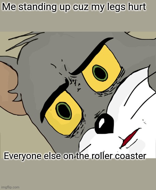 Unsettled Tom Meme | Me standing up cuz my legs hurt; Everyone else on the roller coaster | image tagged in memes,unsettled tom | made w/ Imgflip meme maker