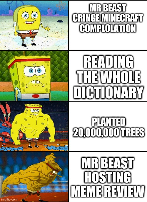 Strong spongebob chart | MR BEAST CRINGE MINECRAFT COMPLOLATION; READING THE WHOLE DICTIONARY; PLANTED 20,000,000 TREES; MR BEAST HOSTING MEME REVIEW | image tagged in strong spongebob chart | made w/ Imgflip meme maker