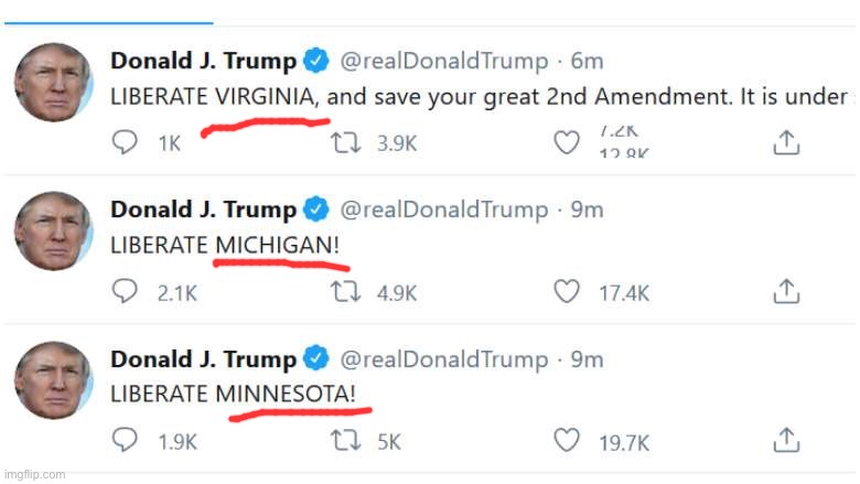 Trump Tweet Liberate | image tagged in trump tweet liberate | made w/ Imgflip meme maker