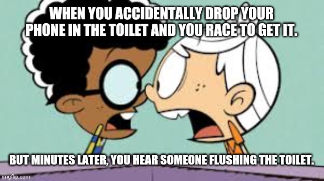 Shocked Lincoln and Clyde | WHEN YOU ACCIDENTALLY DROP YOUR PHONE IN THE TOILET AND YOU RACE TO GET IT. BUT MINUTES LATER, YOU HEAR SOMEONE FLUSHING THE TOILET. | image tagged in shocked lincoln and clyde | made w/ Imgflip meme maker