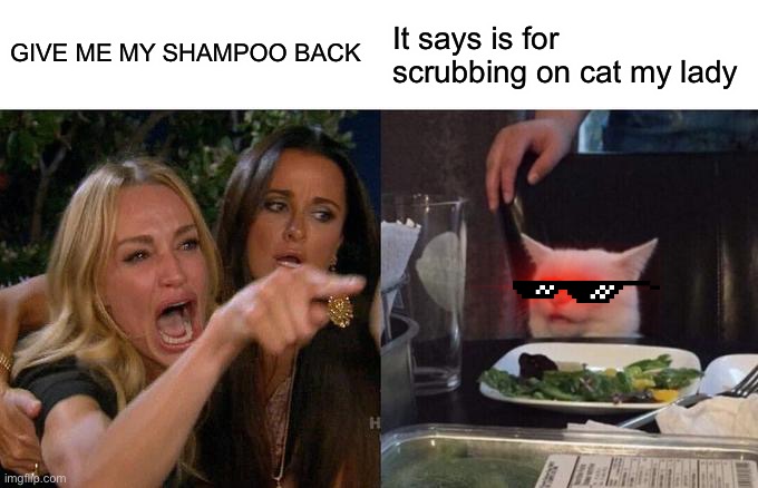 Woman Yelling At Cat Meme | GIVE ME MY SHAMPOO BACK; It says is for scrubbing on cat my lady | image tagged in memes,woman yelling at cat | made w/ Imgflip meme maker