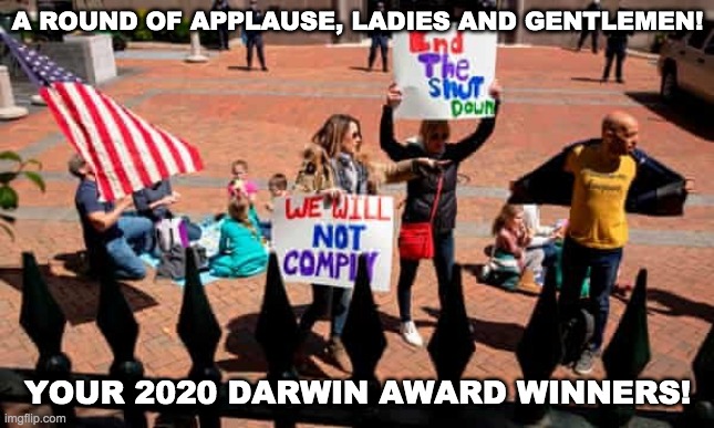 Darwin Award | A ROUND OF APPLAUSE, LADIES AND GENTLEMEN! YOUR 2020 DARWIN AWARD WINNERS! | image tagged in darwin award | made w/ Imgflip meme maker