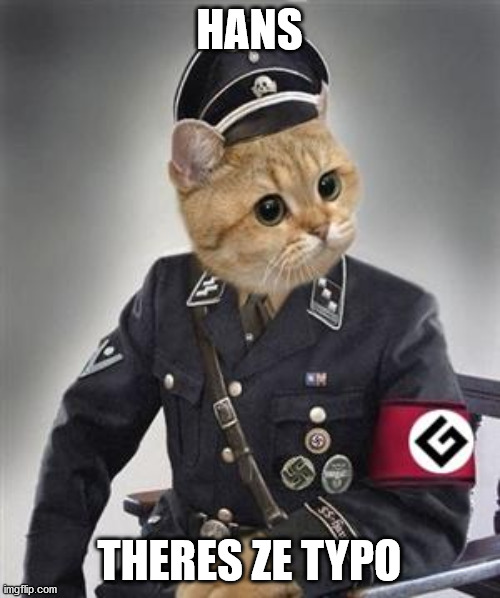 HANS THERES ZE TYPO | image tagged in grammar nazi cat | made w/ Imgflip meme maker