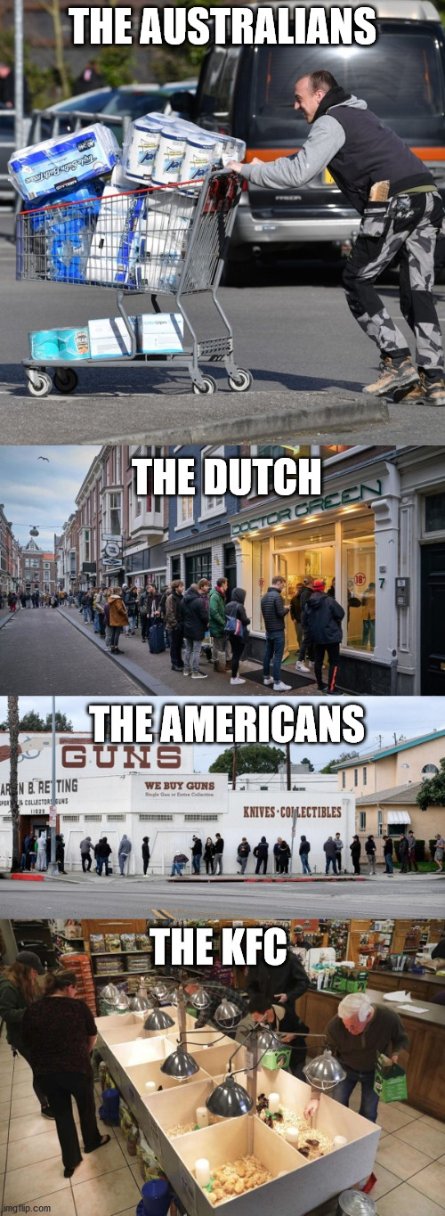 Hoarding all over the world | THE AUSTRALIANS; THE DUTCH; THE AMERICANS; THE KFC | image tagged in hoarding all over the world,memes | made w/ Imgflip meme maker