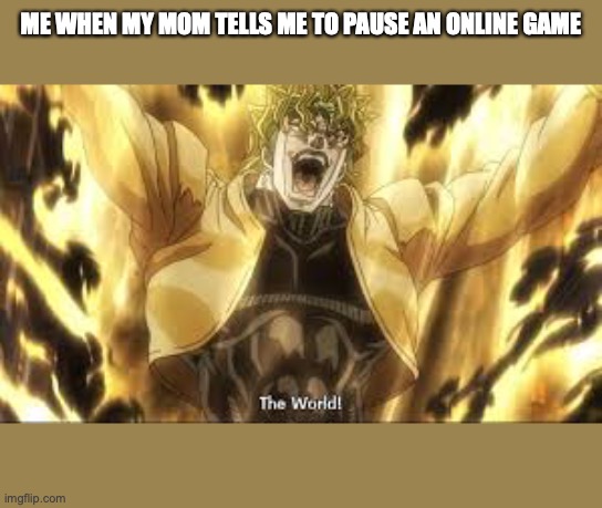 ME WHEN MY MOM TELLS ME TO PAUSE AN ONLINE GAME | image tagged in jojo's bizarre adventure,za warudo | made w/ Imgflip meme maker