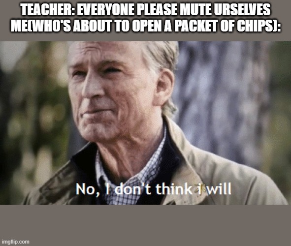 No, i dont think i will | TEACHER: EVERYONE PLEASE MUTE URSELVES

ME(WHO'S ABOUT TO OPEN A PACKET OF CHIPS): | image tagged in no i dont think i will | made w/ Imgflip meme maker