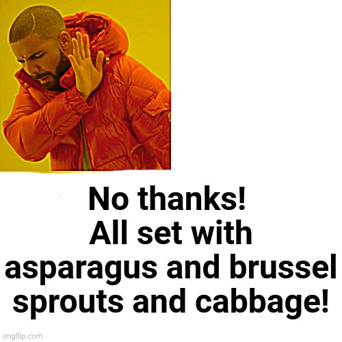 Drake Hotline Bling Meme | No thanks!  All set with asparagus and brussel sprouts and cabbage! | image tagged in memes,drake hotline bling | made w/ Imgflip meme maker