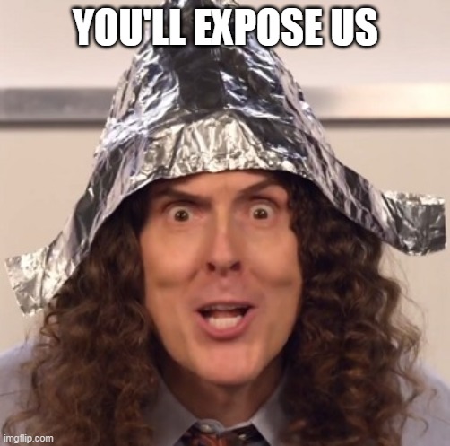Weird al tinfoil hat | YOU'LL EXPOSE US | image tagged in weird al tinfoil hat | made w/ Imgflip meme maker
