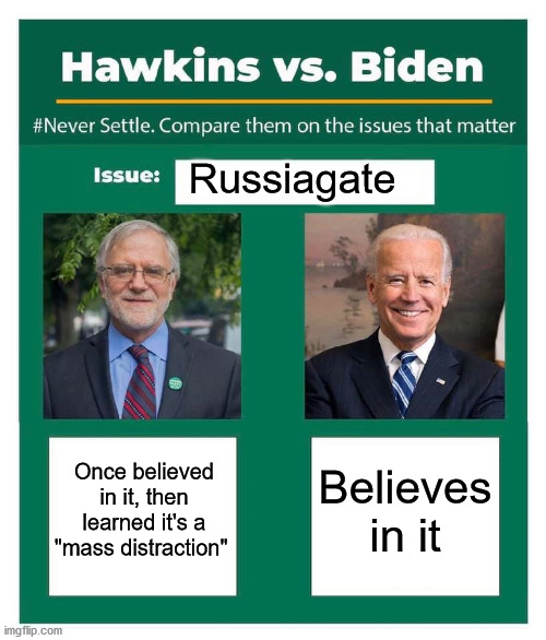 https://youtu.be/v9p7peGRN5A?t=1166 | Russiagate; Believes in it; Once believed in it, then learned it's a "mass distraction" | image tagged in howie hawkins vs joe biden,howie hawkins,joe biden,PresidentialRaceMemez | made w/ Imgflip meme maker