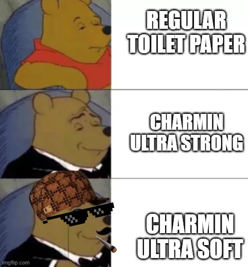 Fancy pooh | REGULAR TOILET PAPER; CHARMIN ULTRA STRONG; CHARMIN ULTRA SOFT | image tagged in fancy pooh | made w/ Imgflip meme maker