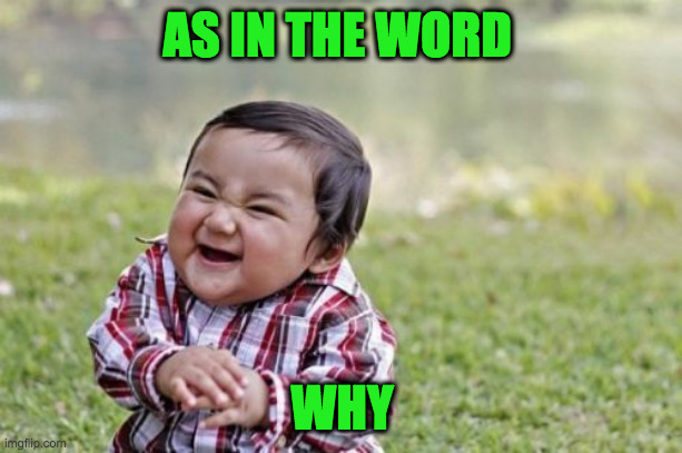 Evil Toddler Meme | AS IN THE WORD WHY | image tagged in memes,evil toddler | made w/ Imgflip meme maker