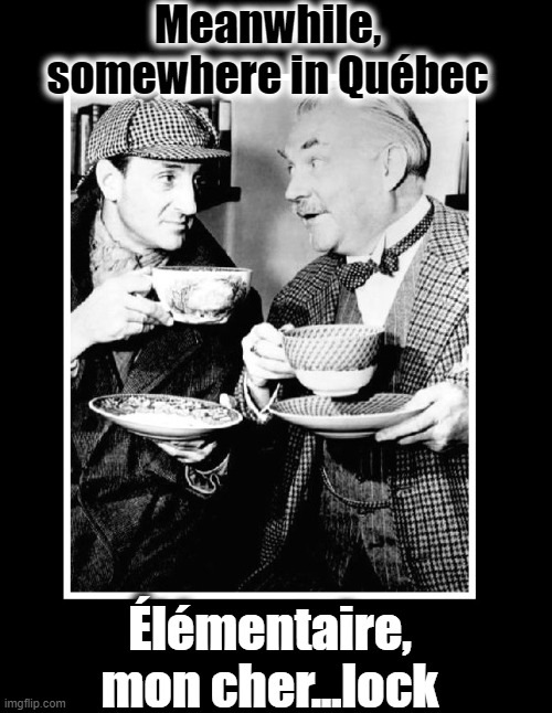 Dr. Watson's Joke was very Punny | Meanwhile, somewhere in Québec Élémentaire, mon cher...lock | image tagged in vince vance,sherlock holmes,detectives,coffee cup,meanwhile in canada,quebec | made w/ Imgflip meme maker