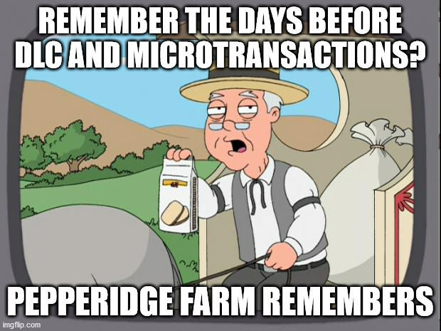 Those were the days...... | REMEMBER THE DAYS BEFORE DLC AND MICROTRANSACTIONS? PEPPERIDGE FARM REMEMBERS | image tagged in pepridge farms,memes,gaming,i'm looking at you bethesda/ea | made w/ Imgflip meme maker