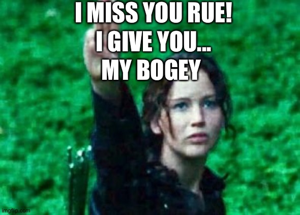 Katniss salute |  I MISS YOU RUE! I GIVE YOU... MY BOGEY | image tagged in katniss salute | made w/ Imgflip meme maker