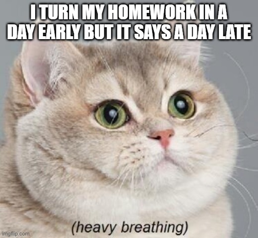 Heavy Breathing Cat | I TURN MY HOMEWORK IN A DAY EARLY BUT IT SAYS A DAY LATE | image tagged in memes,heavy breathing cat | made w/ Imgflip meme maker