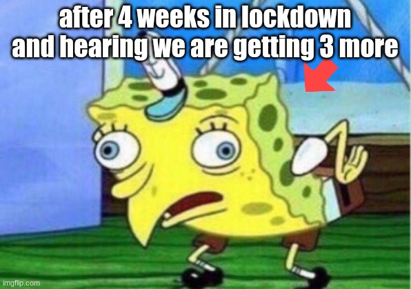 Mocking Spongebob | after 4 weeks in lockdown and hearing we are getting 3 more | image tagged in memes,mocking spongebob | made w/ Imgflip meme maker