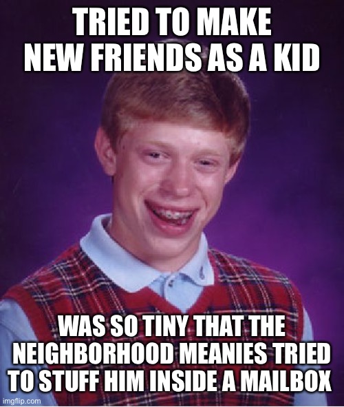 Bad Luck Brian | TRIED TO MAKE NEW FRIENDS AS A KID; WAS SO TINY THAT THE NEIGHBORHOOD MEANIES TRIED TO STUFF HIM INSIDE A MAILBOX | image tagged in memes,bad luck brian | made w/ Imgflip meme maker