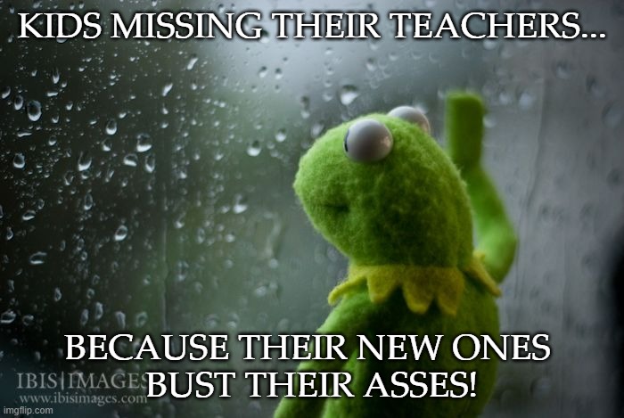 kermit window | KIDS MISSING THEIR TEACHERS... BECAUSE THEIR NEW ONES 
BUST THEIR ASSES! | image tagged in kermit window | made w/ Imgflip meme maker