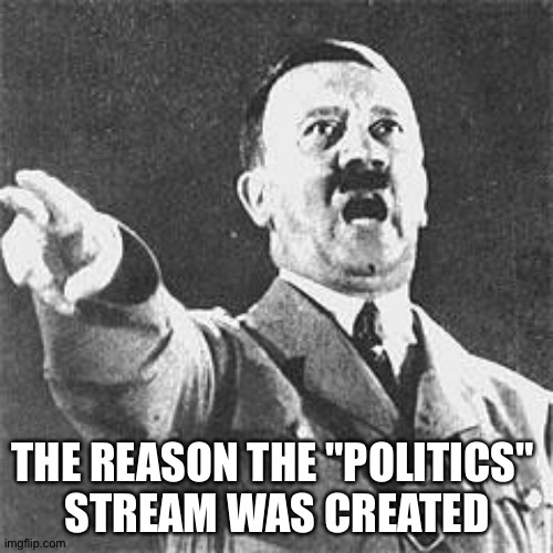 Hitler | THE REASON THE "POLITICS" 
STREAM WAS CREATED | image tagged in hitler | made w/ Imgflip meme maker