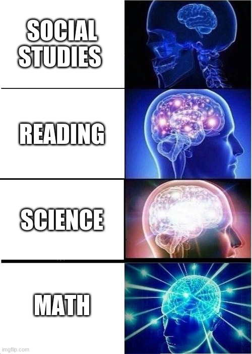 Expanding Brain | SOCIAL STUDIES; READING; SCIENCE; MATH | image tagged in memes,expanding brain | made w/ Imgflip meme maker
