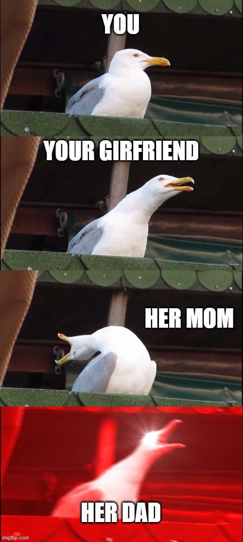 Inhaling Seagull | YOU; YOUR GIRFRIEND; HER MOM; HER DAD | image tagged in memes,inhaling seagull | made w/ Imgflip meme maker