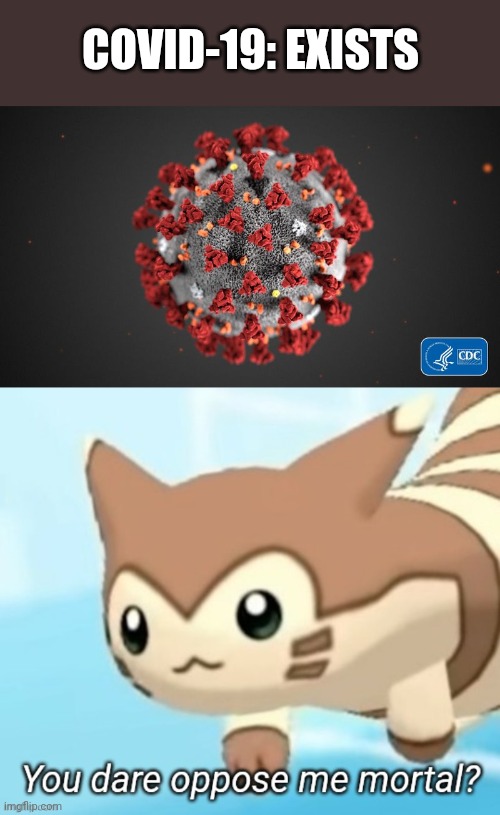 COVID-19: EXISTS | image tagged in covid 19,furret you dare oppose me mortal,coronavirus,you dare oppose me mortal,memes,pokemon | made w/ Imgflip meme maker