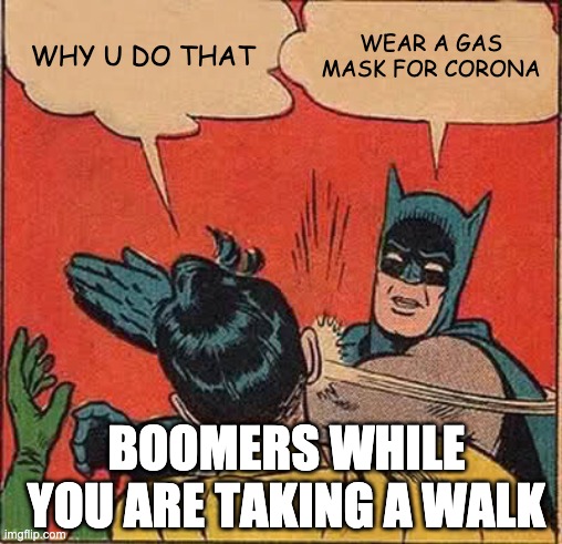 Batman Slapping Robin | WHY U DO THAT; WEAR A GAS MASK FOR CORONA; BOOMERS WHILE YOU ARE TAKING A WALK | image tagged in memes,batman slapping robin | made w/ Imgflip meme maker