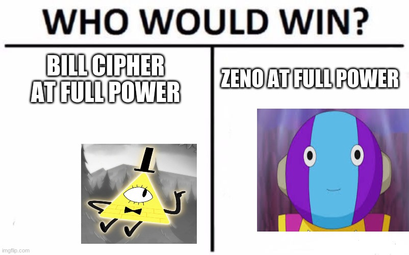 Who Would Win? Meme | BILL CIPHER AT FULL POWER; ZENO AT FULL POWER | image tagged in memes,who would win | made w/ Imgflip meme maker