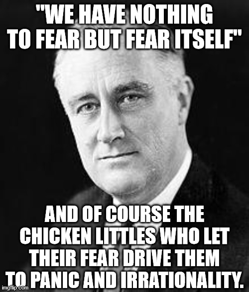 Franklin D. Roosevelt | "WE HAVE NOTHING TO FEAR BUT FEAR ITSELF"; AND OF COURSE THE CHICKEN LITTLES WHO LET THEIR FEAR DRIVE THEM TO PANIC AND IRRATIONALITY. | image tagged in franklin d roosevelt,lockdown,chicken little,coronavirus | made w/ Imgflip meme maker