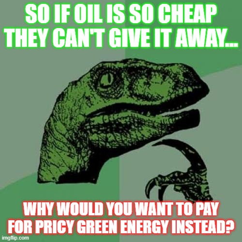 Philosoraptor Meme | SO IF OIL IS SO CHEAP THEY CAN'T GIVE IT AWAY... WHY WOULD YOU WANT TO PAY FOR PRICY GREEN ENERGY INSTEAD? | image tagged in memes,philosoraptor | made w/ Imgflip meme maker