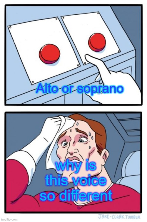 Two Buttons | Alto or soprano; why is this voice so different | image tagged in memes,two buttons | made w/ Imgflip meme maker