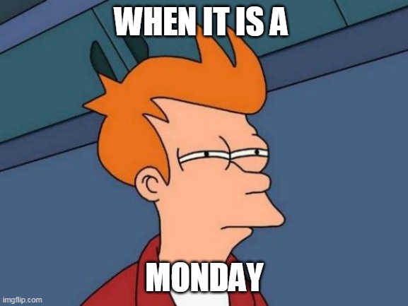 Futurama Fry Meme | WHEN IT IS A; MONDAY | image tagged in memes,futurama fry | made w/ Imgflip meme maker