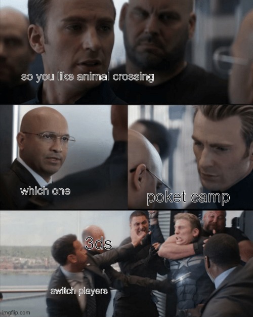 Captin America in elavator | so you like animal crossing; which one; poket camp; 3ds; switch players | image tagged in captin america in elavator | made w/ Imgflip meme maker