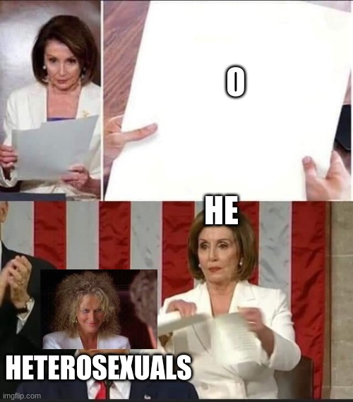 Nancy Pelosi tears speech | O; HE; HETEROSEXUALS | image tagged in nancy pelosi tears speech | made w/ Imgflip meme maker